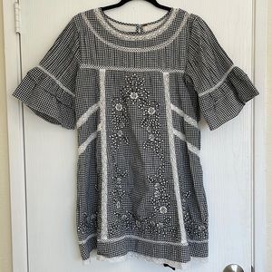 Free People gingham embroidered dress with lace inserts and pockets